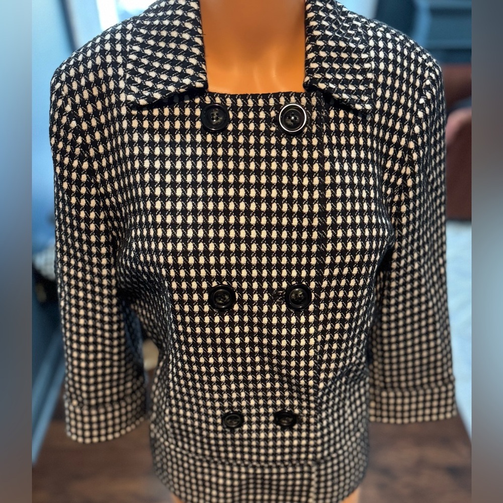 Sharagano Size 10 Black White Tweed Double Breasted Wool Blend Blazer